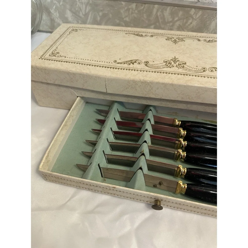 Vintage Bridal Shower Gift Serving Utensil Set Black Handles Gold Accent NICE!